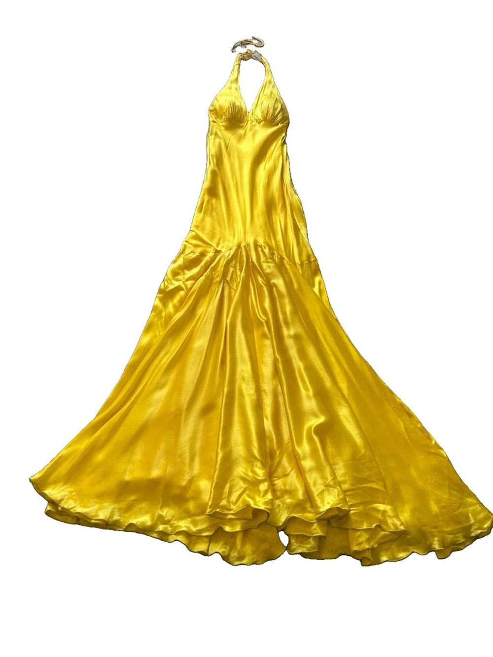 Vintage Caché Yellow Satin Halter Maxi Gown Silk USA Andie Anderson Sz 2